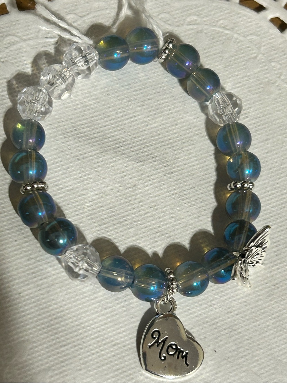 Silver 'Mom' Heart Charm Bracelet with Blue Aurora Beads